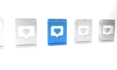 Blue Mobile phone and like with heart icon isolated on white background. Counter Notification Icon. Follower Insta. Minimalism concept. 3D render illustration