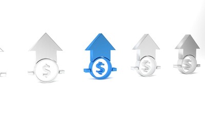 Blue Financial growth and coin icon isolated on white background. Increasing revenue. Minimalism concept. 3D render illustration