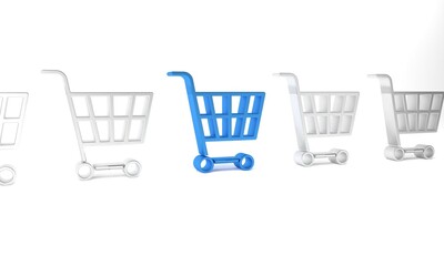 Blue Shopping cart icon isolated on white background. Online buying concept. Delivery service sign. Supermarket basket symbol. Minimalism concept. 3D render illustration