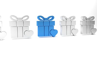 Blue Gift box and heart icon isolated on white background. Valentines day. Minimalism concept. 3D render illustration