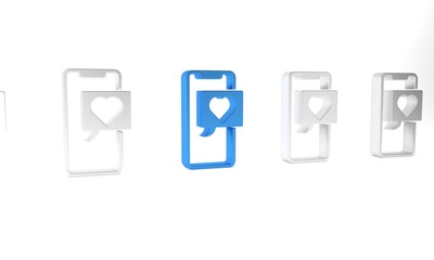 Blue Smartphone with heart emoji speech bubble get message on screen icon isolated on white background. Valentines day. Minimalism concept. 3D render illustration