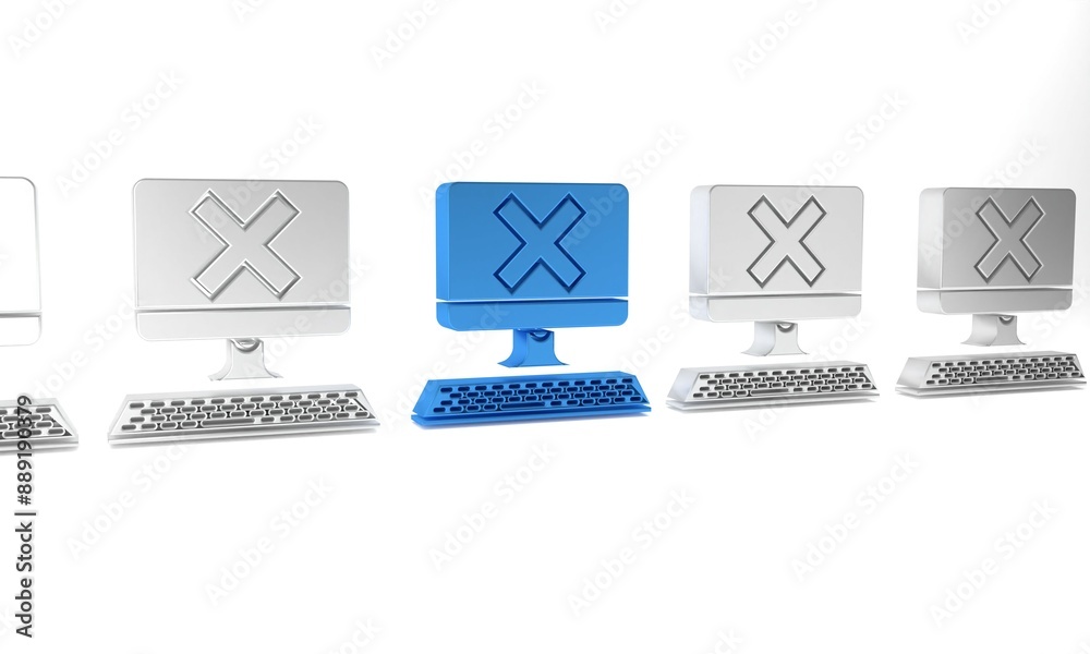 Fototapete blue computer with keyboard and x mark icon isolated on white background. error window, exit button,
