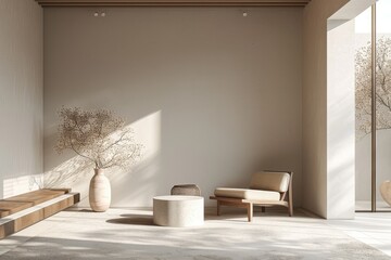 Living Room with Geometric Shapes and Simple Furniture: A minimalist living room mockup featuring geometric furniture and decor.