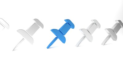 Blue Push pin icon isolated on white background. Thumbtacks sign. Minimalism concept. 3D render illustration