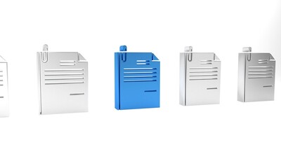 Blue File document and paper clip icon isolated on white background. Checklist icon. Business concept. Minimalism concept. 3D render illustration