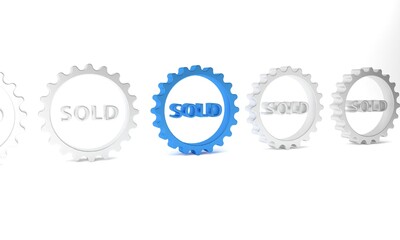 Blue Sold label icon isolated on white background. Minimalism concept. 3D render illustration