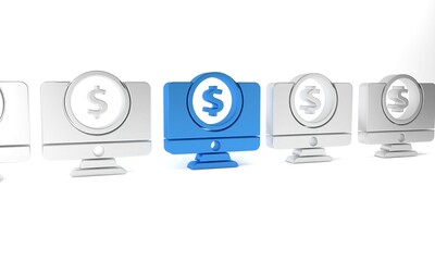 Blue Computer monitor with dollar symbol icon isolated on white background. Online shopping concept. Earnings in the Internet, marketing. Minimalism concept. 3D render illustration