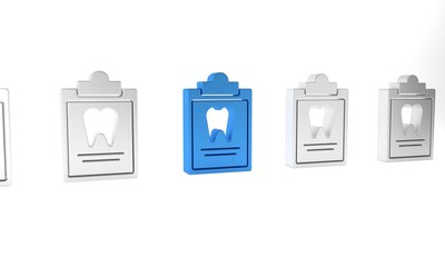 Blue Clipboard with dental card or patient medical records icon isolated on white background. Dental insurance. Dental clinic report. Minimalism concept. 3D render illustration