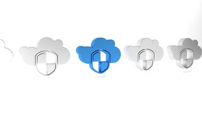 Blue Cloud and shield icon isolated on white background. Cloud storage data protection. Security, safety, protection, privacy concept. Minimalism concept. 3D render illustration