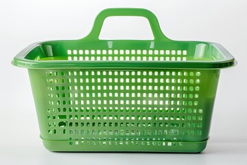 Green plastic basket with handle. Ideal for carrying groceries or organizing items in the kitchen or pantry.