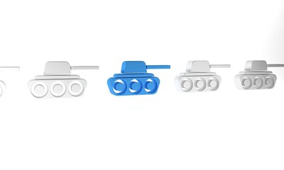 Blue Military tank icon isolated on white background. Minimalism concept. 3D render illustration