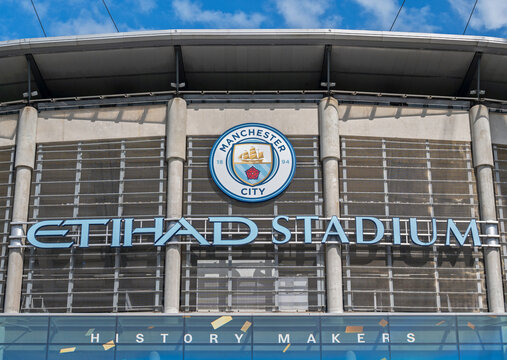 Manchester, United Kingdom. 07.17.2024  Manchester Citys Logo and Badge front of the Etihad Stadium. 17th July 2024.