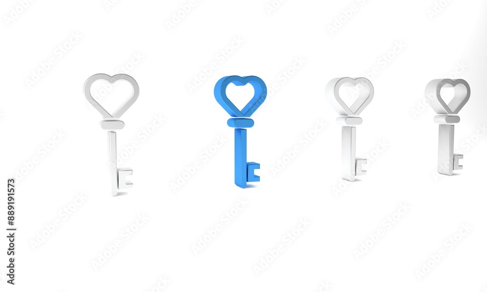 Wall mural blue key in heart shape icon isolated on white background. minimalism concept. 3d render illustratio