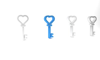 Blue Key in heart shape icon isolated on white background. Minimalism concept. 3D render illustration