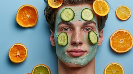 Youthful man posing with cucumber and orange slices for beauty treatment