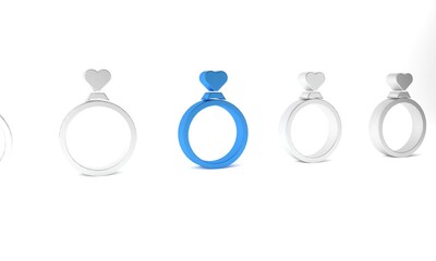 Blue Wedding rings icon isolated on white background. Bride and groom jewelry sign. Marriage symbol. Diamond ring. Minimalism concept. 3D render illustration