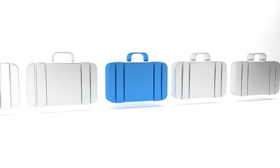 Blue Suitcase for travel icon isolated on white background. Traveling baggage sign. Travel luggage icon. Minimalism concept. 3D render illustration
