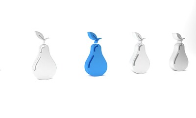 Blue Pear icon isolated on white background. Fruit with leaf symbol. Minimalism concept. 3D render illustration