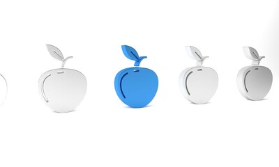Blue Apple icon isolated on white background. Fruit with leaf symbol. Minimalism concept. 3D render illustration