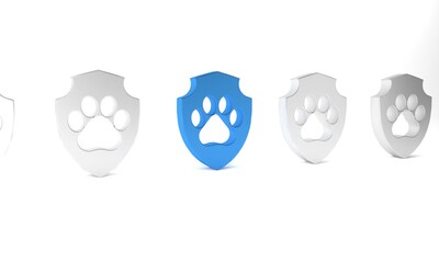 Blue Animal health insurance icon isolated on white background. Pet protection icon. Dog or cat paw print. Minimalism concept. 3D render illustration