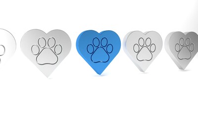 Blue Heart with animals footprint icon isolated on white background. Pet paw in heart. Love to the animals. Minimalism concept. 3D render illustration