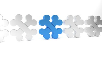 Blue Crossed bones icon isolated on white background. Pets food symbol. Minimalism concept. 3D render illustration