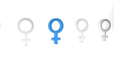 Blue Female gender symbol icon isolated on white background. Venus symbol. The symbol for a female organism or woman. Minimalism concept. 3D render illustration