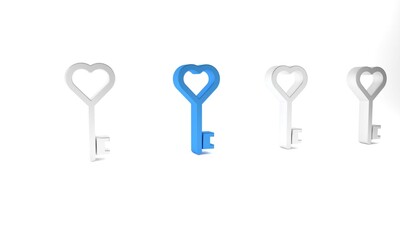 Blue Key in heart shape icon isolated on white background. Minimalism concept. 3D render illustration