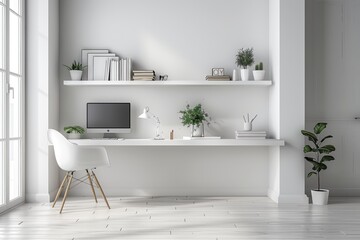 Minimalist Study Area with Floating Desk and Clean Shelves: A minimalist study area mockup with a floating desk and clean shelves.