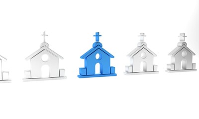 Blue Church building icon isolated on white background. Christian Church. Religion of church. Minimalism concept. 3D render illustration