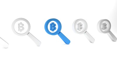 Blue Magnifying glass with Bitcoin icon isolated on white background. Physical bit coin. Blockchain based secure crypto currency. Minimalism concept. 3D render illustration