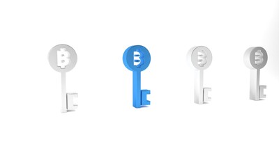 Blue Cryptocurrency Bitcoin key icon isolated on white background. Concept of cyber security or digital key with technology interface. Minimalism concept. 3D render illustration