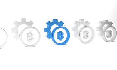 Blue Cryptocurrency coin Bitcoin icon isolated on white background. Gear and Bitcoin setting. Blockchain based secure crypto currency. Minimalism concept. 3D render illustration