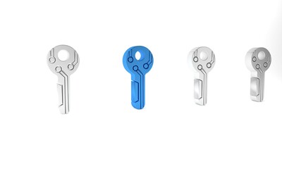 Blue Cryptocurrency key icon isolated on white background. Concept of cyber security or private key, digital key with technology interface. Minimalism concept. 3D render illustration