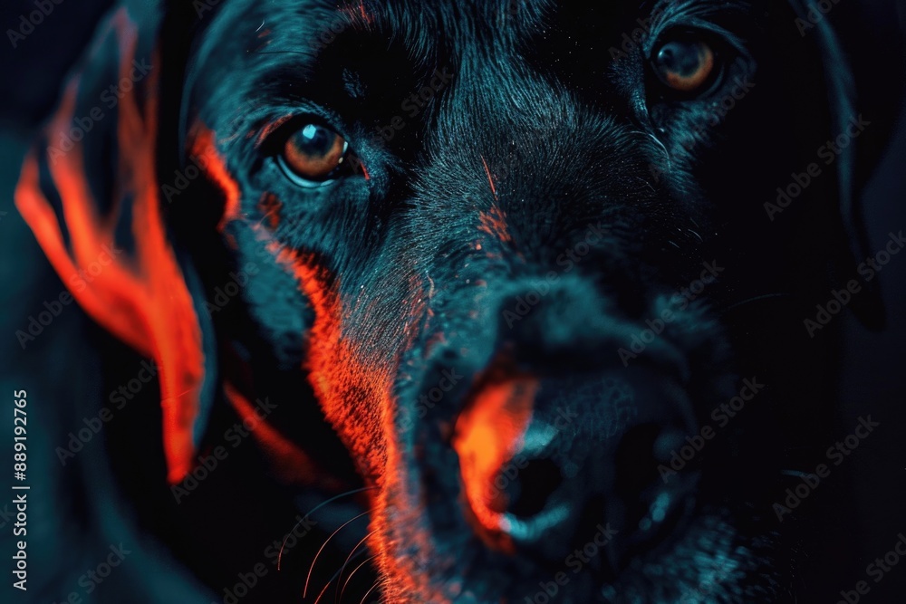 Poster a close-up shot of a dog's face lit only by darkness, ideal for use in scenes where a sense of myste