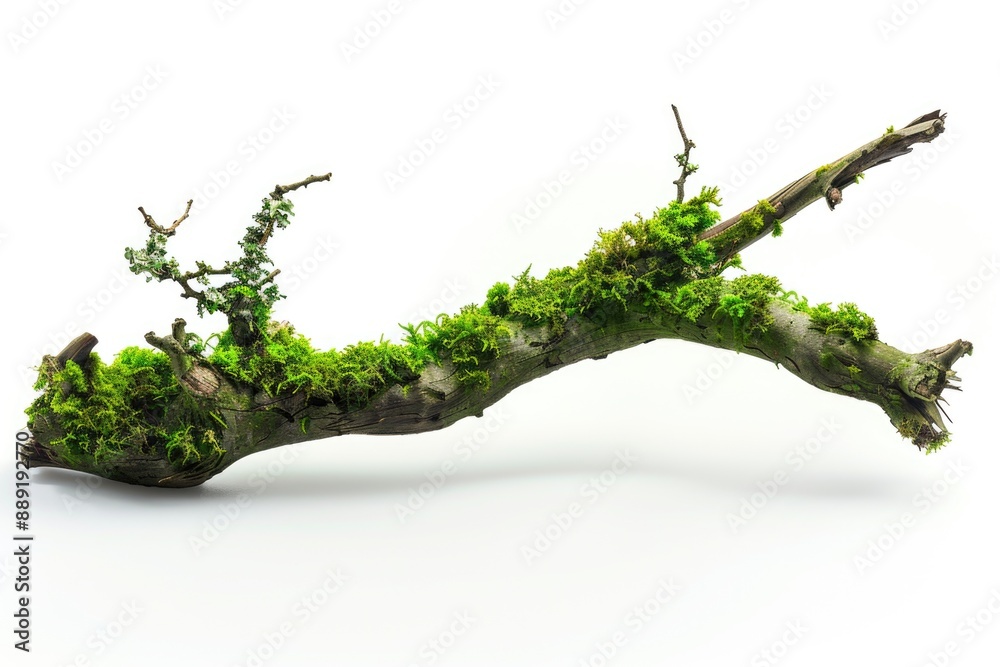 Poster a natural scene featuring a tree branch covered in moss on a white surface