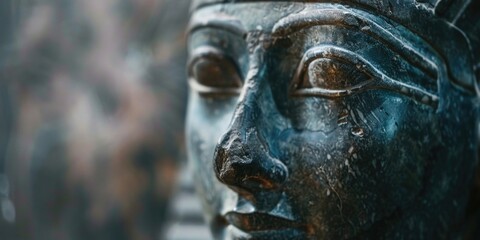 A detailed view of a woman's face on a statue, suitable for use in art history or cultural studies contexts