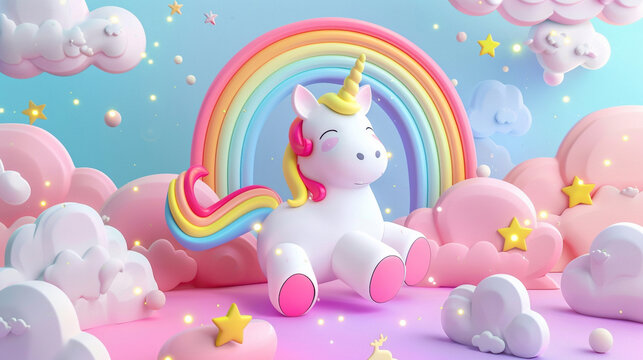 3d unicorn and rainbow on clouds, cute unicorn background, mother and baby store background, kids room wallpaper, kindergarten wallpaper, children's book illustration