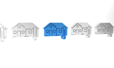 Blue House temperature icon isolated on white background. Thermometer icon. Minimalism concept. 3D render illustration