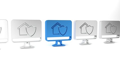 Blue Computer monitor with house under protection icon isolated on white background. Protection, safety, security, protect, defense concept. Minimalism concept. 3D render illustration