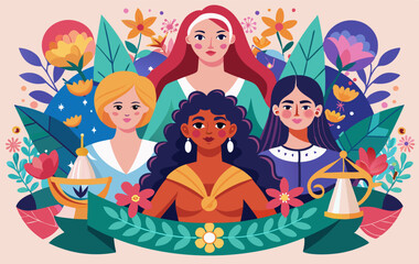 A group of women standing in front of flowers and leaves