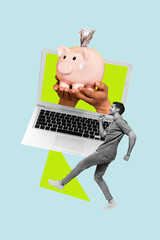 Creative trend collage of young man saving money piggy online investment account netbook freak...