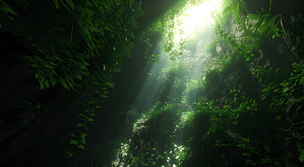 Fototapeta premium The forest at the bottom of the cave, the light of the sun above.