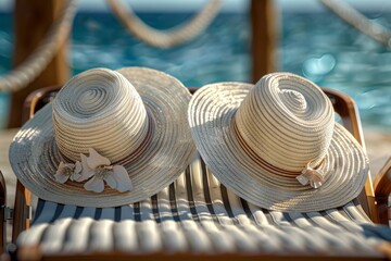 Two straw hats on a beach chair sunny day serene coastal scene vibrant summer vibes inviting setting peaceful retreat relaxing vacation atmosphere