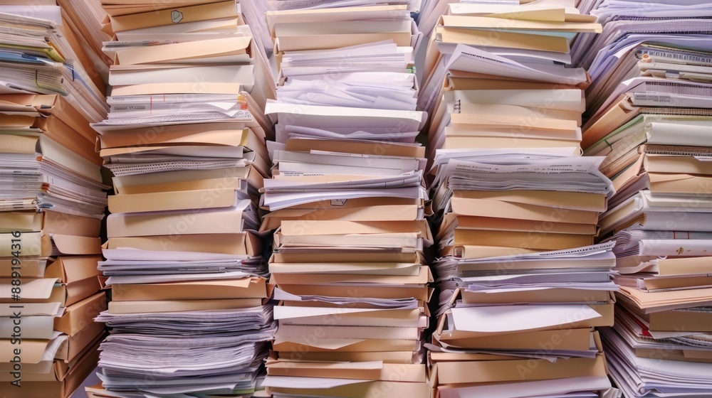 Poster A stack of papers with various documents and files, possibly used for organization or storage