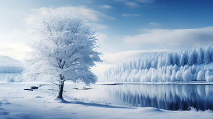 generated illustration of winter landscape young trees with dry red foliage are covered in snow