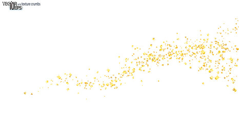 Wavy strip sprinkled with crumbs golden horizontal texture. Background Gold dust on a white background. Sand particles grain or sand. Vector backdrop golden path pieces grunge for design illustration.