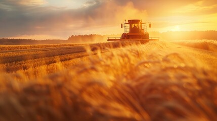 Agriculture tractor working on the golden wheat field