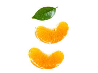 Peeled clementine, sliced mandarine with green leaves flying isolated on transparent background 