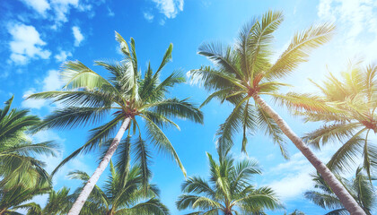 Image of a row of palm trees on a beach. The palm trees are tall and green, and they provide shade from the sun. The beach is sandy and white, and there is a clear blue sky in the background.